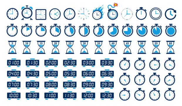 watch and timer icons collection reflecting deadline, counting, alarm, schedule, meeting, delivery, timeline, urgency, competition, investment etc. time icon set can be used in cooking, practice, race