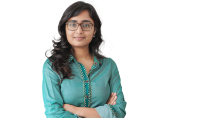 Young businesswoman happy, smiling and cheerful on transparent background.