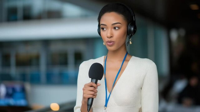 Professional interpreter facilitating seamless multilingual communication at an international conference.