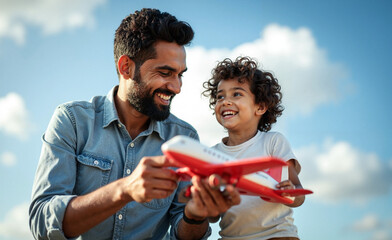 Joyful Indian father and young child playing outdoors with toy airplane, bonding under blue sky, ideal for family travel ads, parenting blogs, toy promotions    keywords:   father, child, play, 