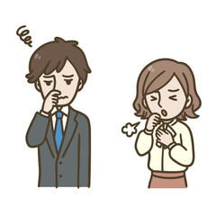 鼻をつまむ男性と咳をする女性のイラスト