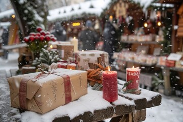 Wrapped Gifts and Candle on Snowy Wooden Table at Christmas Market Varient 4