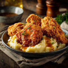 A plate of golden crispy fried chicken with mashed potatoes and gravy