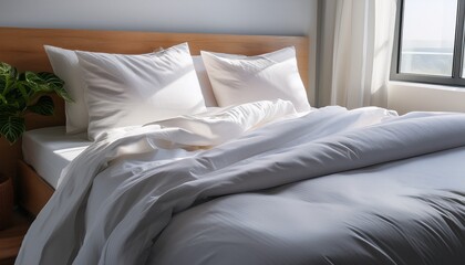 white linen bed sheet on an unmade double size white linen bed with pillows in the morning light a detailed shot natural and realistic