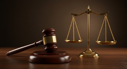 Justice symbols gavel and scales on wood