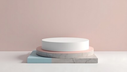 Elegant Pastel Product Display Platform Mockup featuring a white cylinder on a marble base against a soft pink background ideal for branding and advertising.
