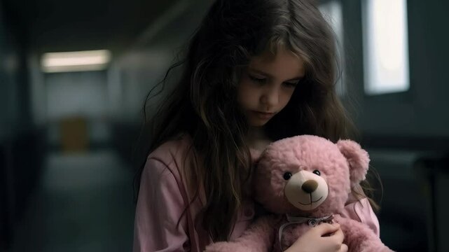 Sad child hugging teddy bear in dark room. Lonely girl seeking comfort. Child abuse awareness, mental health, and foster care concept for World Children's Day