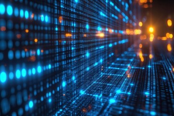 Digital environment showcasing blue binary code flowing through a futuristic corridor at night