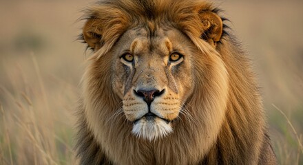 Fototapeta premium Lions piercing gaze in the savanna grass