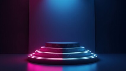 Fototapeta premium Neon Stage Display Platform Product Presentation Mockup with Pink and Blue Lighting
