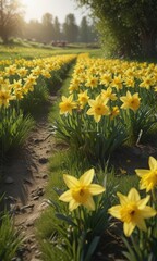 Fototapeta premium Sunlit daffodils burst forth in vibrant yellow against a lush green field , garden, pretty