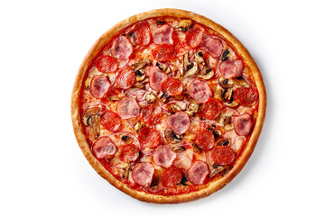 Delicious pizza with pepperoni, ham, mushrooms, and onions on white background