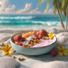 A tropical smoothie bowl topped with granola, coconut, and fresh fruit