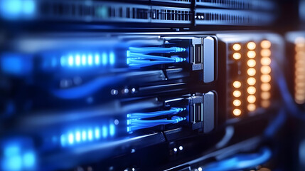 Close-up of server rack with blue fiber optic cables connected, showcasing data center technology and network infrastructure. : Generative AI