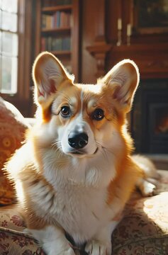 Corgi lounging comfortably by the fireplace in a cozy living room filled with warm light and classic decor