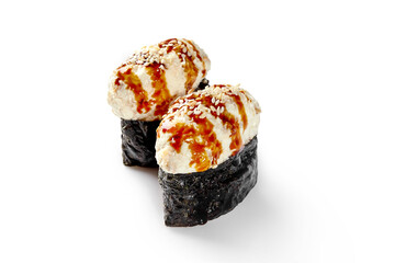 Gunkan maki sushi topped with cream cheese, sesame seeds and unagi sauce on white background