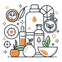 elegant organic design, illustrated minimal style, botanical elements, glass bottles, nature symbols, simple icons, clean modern composition, pastel colors, vector graphic
