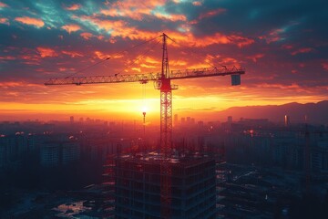 Naklejka premium Construction crane silhouetted against a vibrant sunset over a city skyline during a warm evening