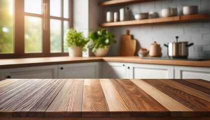 Fototapeta premium empty wooden table surface with blurred window sill and kitchen shelf backdrop
