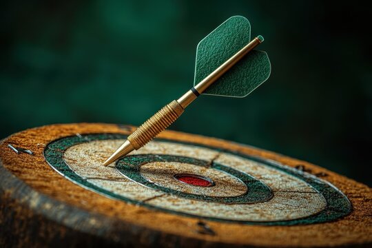 Precision dart hitting the bullseye on a wooden dartboard in a cozy game room during evening hours