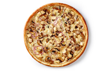 Delicious pizza with grilled chicken, mushrooms, and red onions on white background