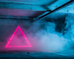 Neon triangle in smoky underground garage
