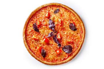 Delicious pizza margherita with tomatoes and basil on white background