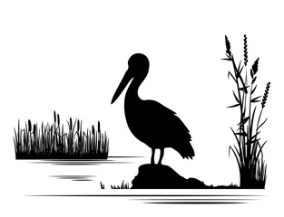 Nature landscape with birds silhouettes. Palican on the lake. Vector illustration.	
