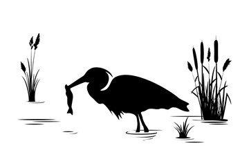 Nature landscape with birds silhouettes. Heron caught a fish on the lake. Vector illustration.	
