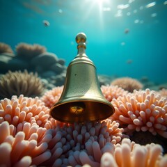 A golden bell resting on coral reef under the sea with sunlight filtering through the water surface above