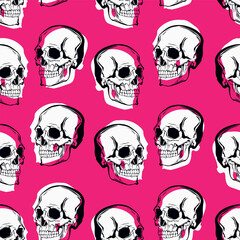 Seamless vector print in punk style. On a bright pink background, hand-drawn stylized skulls with a white background. This crazy print will decorate any music project.