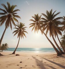 Obraz premium Palm trees sway, soft light on sandy beach, old film aesthetic, film, vintage filter