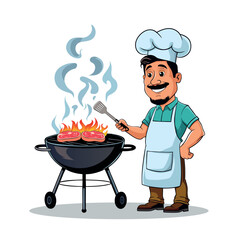 Man is cooking a barbecue grill. Fry meat and sausages on fire. Vector illustration.