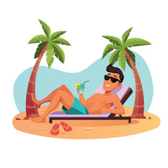 Happy Man Relaxing on Tropical Beach with Cocktail. Vector Illustration