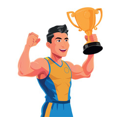 Young smiling man athlete champion holds golden winner cup, awarded with prize, win award. Concept of goal achievement celebration.