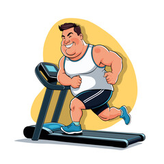 Overweight man character runs on treadmill and smile. Vector cartoon illustration