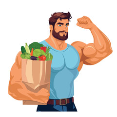Man bodybuilder holding natural vegetables in grocery paper bag. Bearded vegan man eat organic products. Vegetarian, vegan nutrition concept. Eco Vector illustration