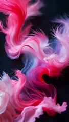 abstract feather like structures in shades of pink and purple against a dark background