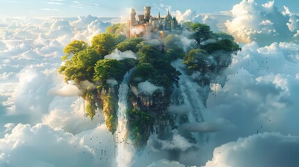 Floating island castle in clouds