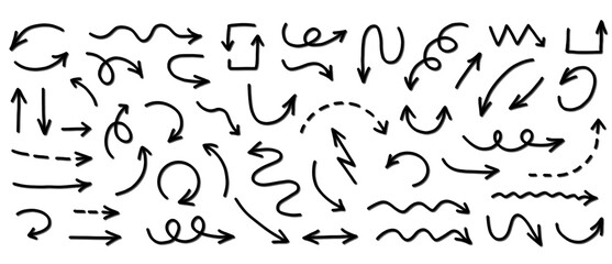 Unique hand-drawn arrow assortment. Set of minimal arrows isolated on pure transparent background. Arrow marker symbols. Painted arrow designs