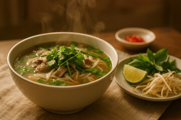 Bowl of steaming noodle soup garnished with fresh herbs, served with lime and bean sprouts on a wooden table, showcasing vibrant colors and appetizing textures