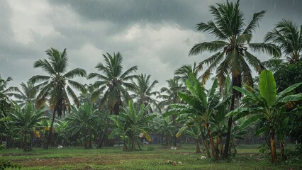 Obraz premium Monsoon rainstorm in Indian village with trees and muddy fields rain wallpaper 4k | rain aesthetic wallpaper 4k | rain frog | rain news weather report monsoon