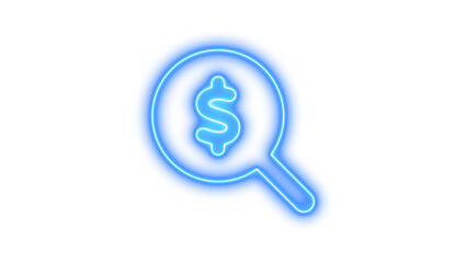 Glowing neon magnifying glass with a dollar sign inside, symbolizing financial search or analysis, Neon magnifying glass dollar icon