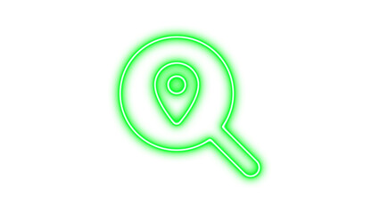 Neon Search Icon with Location Pin, Neon magnifying glass location icon glow with transparent background