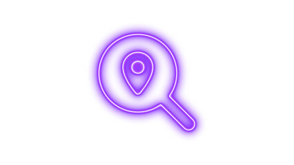 Neon Search Icon with Location Pin, Neon magnifying glass location icon glow with transparent background