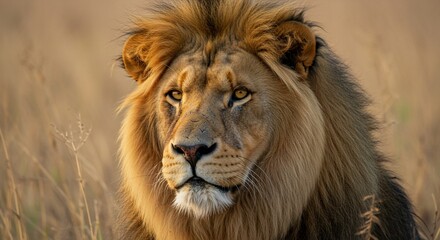 Regal lion contemplates in savanna grasses