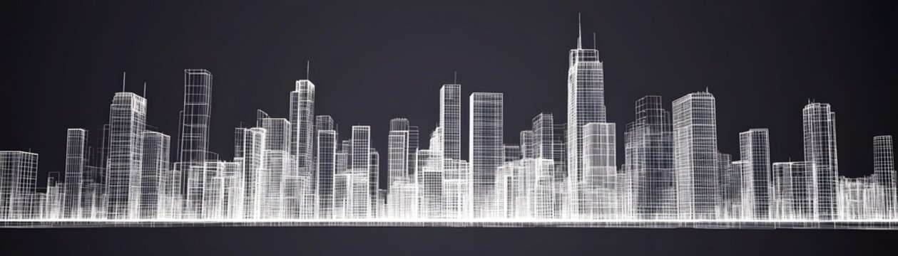 Abstract city skyline rendered in white lines.
