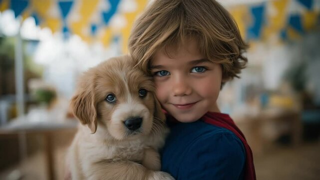 Adorable child and puppy enjoy a festive pet-themed birthday party.