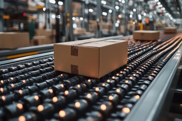 Obraz premium Package moving along a conveyor belt in a busy distribution center filled with boxes and goods during daytime operations