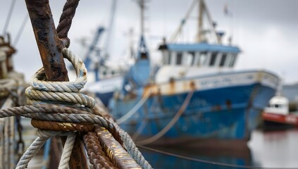 Fishing Boat at Dock: Rustic Blue Trawler with Ropes, Cables, and Cloudy Sky